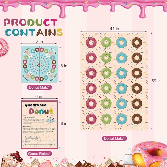 Drydiet Donut Party Game with 59 x 41 Inches Donut Mat Spinner Quadruped Piñata Decorations Candy Spa Party Game Sleepover Girls
