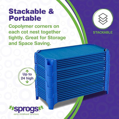 Sprogs Heavy-Duty Stackable Standard Size 52"L Daycare Cots for Kids and Toddlers, Stacking Preschool Classroom Kids Cots for Sleeping, Resting, Naptime, Pack of 6, Blue