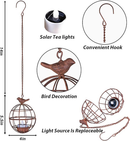 Outdoor Solar Hanging Lantern Lights, 4 Pack Rustic Ball Birdcage Hanging Candle Holder with Solar Tea Lights, Outdoor Waterproof Decorations for Patio, Backyard, Pergola, Tree Decor (Dark Orange)