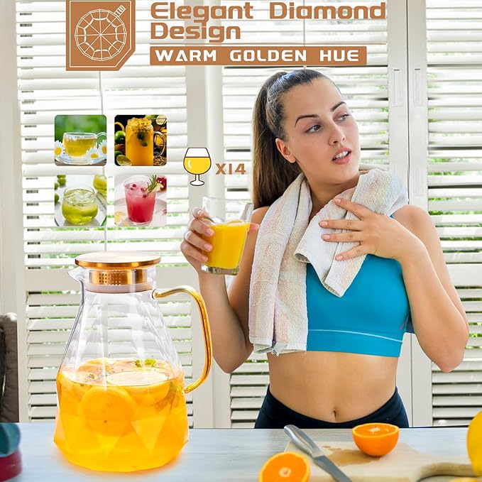 Glass Pitcher, 2.4Liter Water Pitcher With Lid, Iced Tea Pitcher for Fridge, Glass Water Carafe With Lid, Glass Water Jug, Large Drink Pitcher For Juice, Milk, Cold Or Hot Beverages, 2400ML