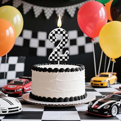 Racing Car Themed Birthday Candles, Number 2 Checkered Candles, Black & White Checkered Cake Topper, Cool Racing Themed Party Supplies, Special Candle