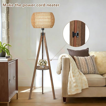 LAMSU Boho Tripod Floor Lamps for Living Room, Wood Floor Lamp with Shelf, Mid Century Modern Standing Lamp with Rattan Shades, Foot Switch, Rustic Farmhouse Tall Lamps for Bedroom Office, Brown