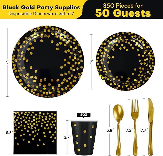 Disposable Plates for Party 50 Sets, Holiday Paper Plates and Napkins w/Cutlery & Cups, Heavy Duty Golden Dot Black Paper Plates and Napkins Cups for Baby Shower Birthday Wedding