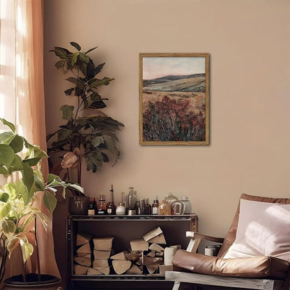 Moody Landscape Wall Art Vintage Wildflower Wall Decor Painting Cottagecore Nature Botanical Flower Picture Artwork 3D Textured Hand Drawn Sandstone for Living Room Bedroom 16x24 inch Wood Framed