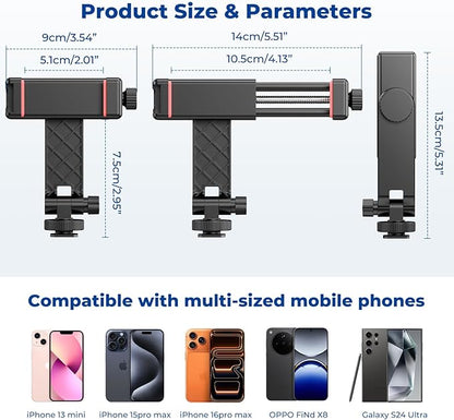Ruittos Phone Tripod Mount with Remote Controller, New Universal Smartphone Mount Adapter with Cold Shoe, 360° Rotates Cell Phone Clip Clamp Holder, Compatible with iPhone, Samsung and All Phones
