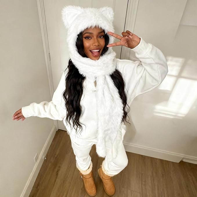 ShellKingdom Plush Novelty Animal Hat,3 in 1 Function Faux Fur Full Animal Hood Hat Winter Warmer Cap