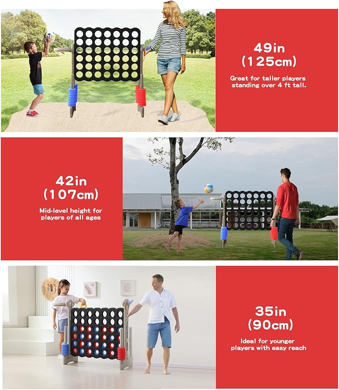 UNICOO® Height Adjustable Jumbo 4-to-Score Game, 4 in A Row Game with Basketball Hoop, Ring Toss, Carrying Bag, Indoor Outdoor Yard Game, Parties & Family Gatherings
