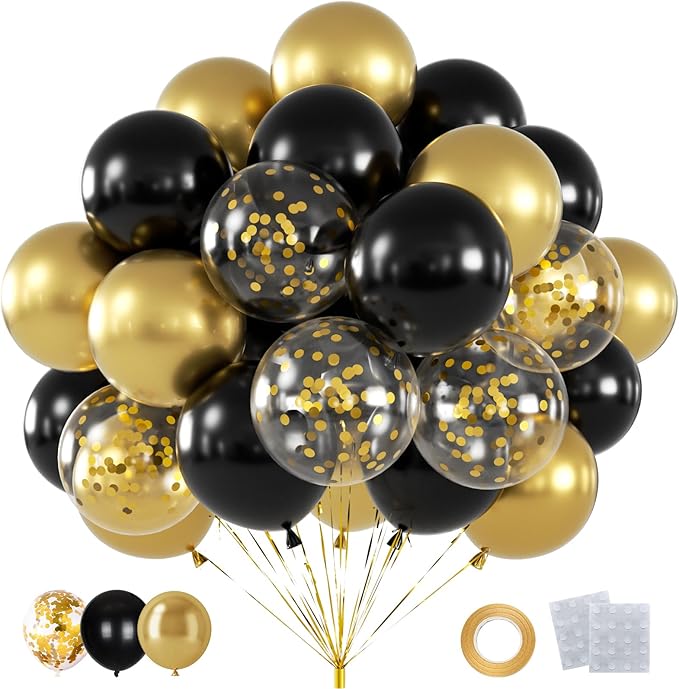 60pcs Black and Gold Balloons, 12inch Black and Gold Confetti Balloons for Graduation 2026, Birthday, Anniversary, New Year Party Decorations
