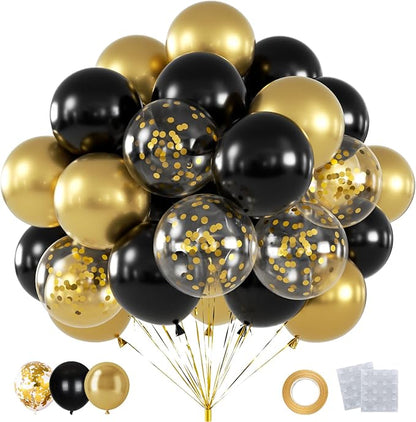 60pcs Black and Gold Balloons, 12inch Black and Gold Confetti Balloons for Graduation 2026, Birthday, Anniversary, New Year Party Decorations
