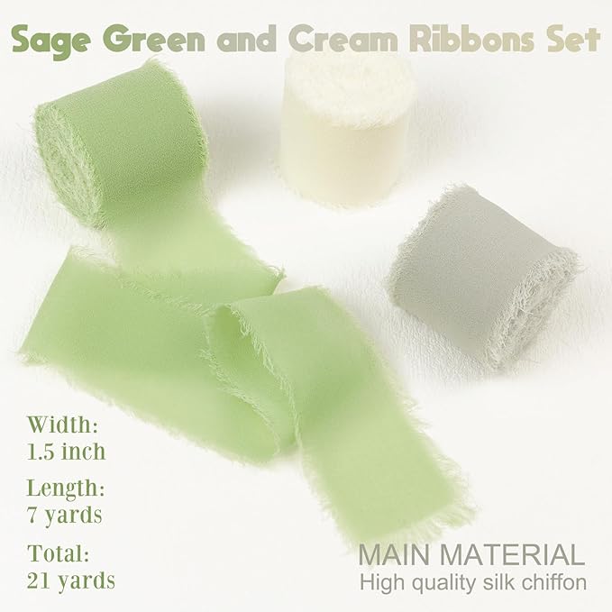 Sage Green Chiffon Ribbon 1.5 Inch x 21Yds Handmade Fringe Chiffon Silk Ribbon Sage Green/Desert Sage/Cream Frayed Chiffon Ribbon for Wedding Invitation Flower Bouquets Bridal Shower Gift Wrapping