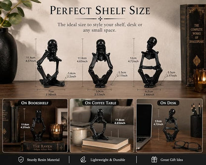 Black Skeleton Decor Set of 3, Thinker Skeleton Figurines for Home Decor, Gothic Shelf Decor Aesthetic, Resin Halloween Decorations for Bookshelf, Desk, Coffee Table