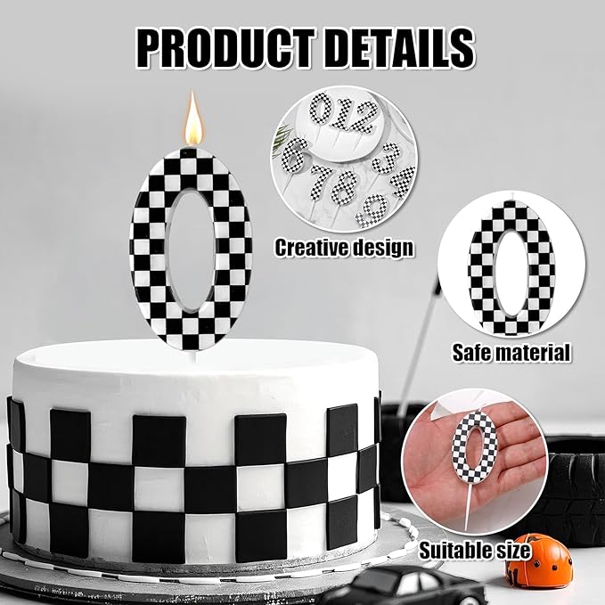 Racing Cars Themed Birthday Candle, Checkered Flag Number Candles Black and White Candles Happy Birthday Cake Topper Party Decorations for Boys Racing Cars Themed Party Supplies (Number 0)