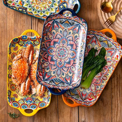 Serving Tray with Handles Rectangular Serving Platter Ceramic Extra Large Plates & Dishes Rectangle (Blue Garden)
