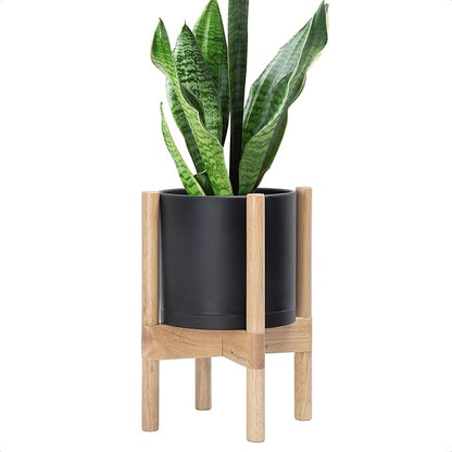 D'vine Dev Planter Pot with Stand - 8 Inch Plastic Cylinder Flower Pot with Wood Planter Holder for Indoor, Matte Black Pot + Natural Stand, 55-C-J-2