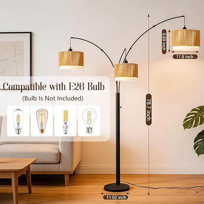 Boho Arc Floor Lamp for Living Room, Rattan Floor Lamp with Stepless Dimmable Switch, Farmhouse Standing Lamp with Wicker&Fabric Shade, Industrial Black Tall Lamp for Bedroom Over Couch Corner