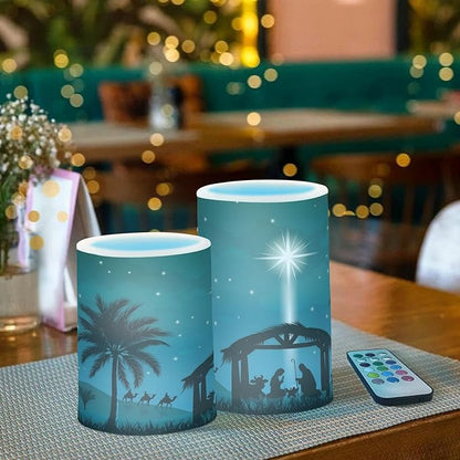 ALAZA Christmas Scene of The Nativity Flickering Flameless Candles Battery Operated with Remote Timer,Tea Light Candles LED Pillar Votive Candles Set of 2 for Outdoor Indoor Decorations