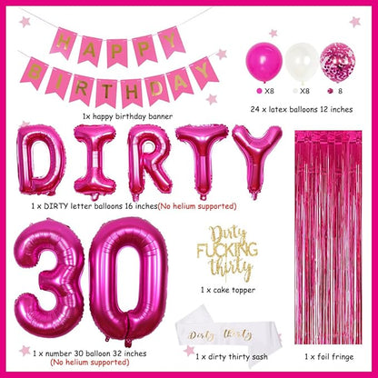 30th Birthday Party Decorations for Her Hot Pink Dirty Thirty Banner Balloon Dirty 30 Sash Cake Topper for 30 Years Old Birthday Party Supplies