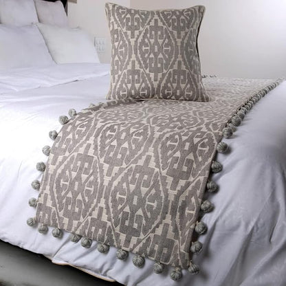 The HomeCentric Grey Bed Runner, Twin Size 53"x18" Decorative Bed Runner with 2 Matching Pillow Cover, Grey Cotton Bed Scarf in Aztec Pattern with Tassels - Grey Aztec