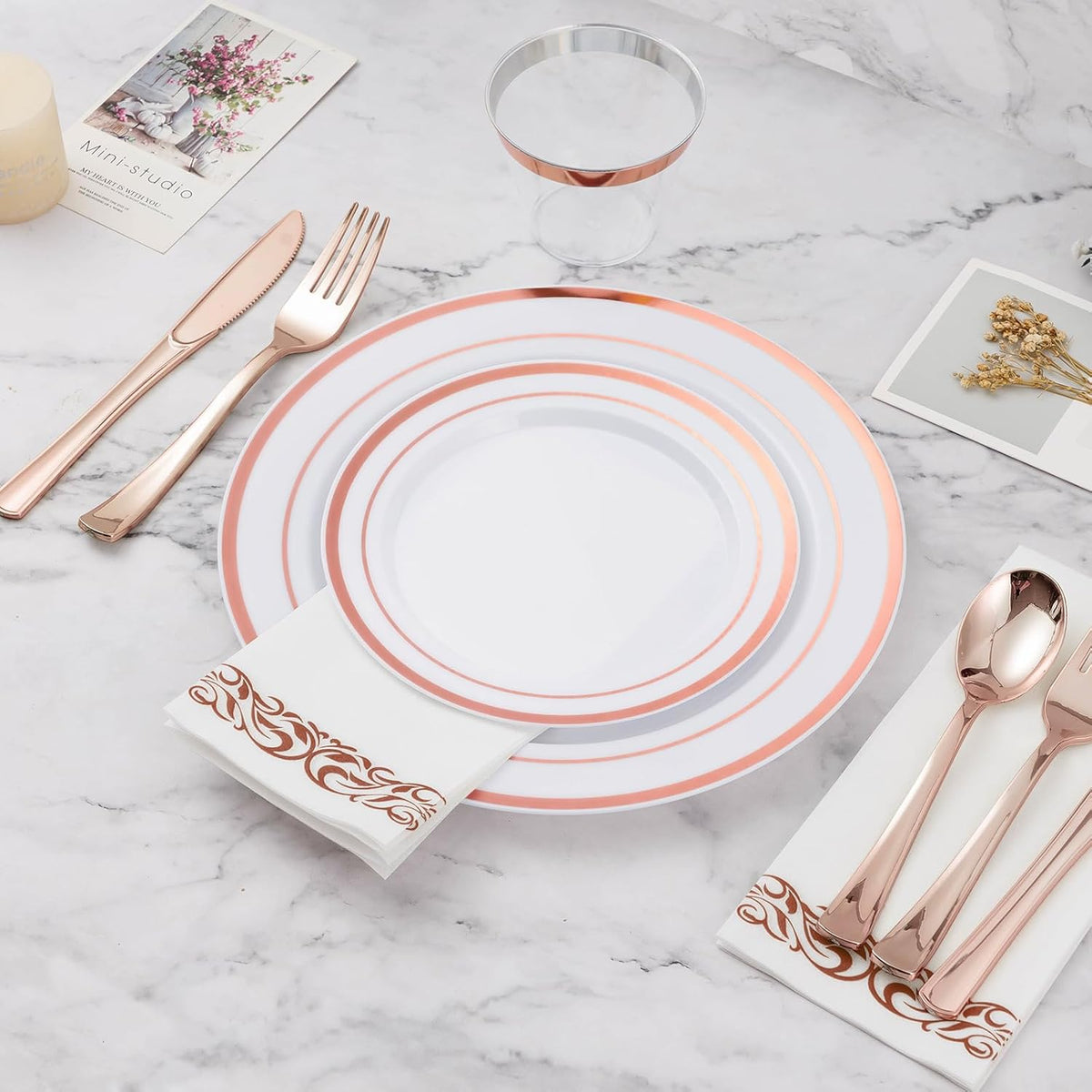 BESTVIP 350PCS Rose Gold Disposable Dinnerware Set for 50 Guests, Plastic Plates for Party, Wedding, Christmas, Halloween, Include: 100 Plastic Plates, 50 Silver Silverware, 50 Cups, 50 Napkins