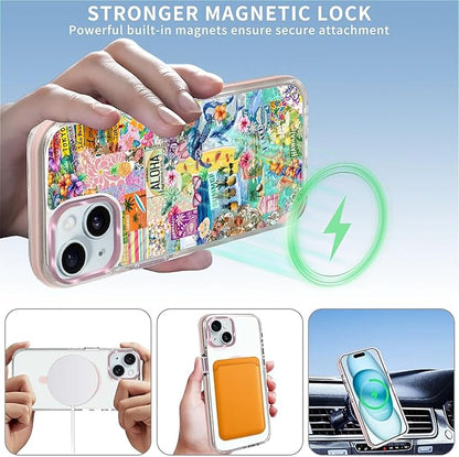 Case for iPhone 14 Plus/15 Plus,[Compatible with MagSafe],Hawaii Aloha Cover Coastal Beach Collage Phone Case Design，for Women Girls Magnetic Clear Cover - Slim, Sleek, & Shockproof Protection