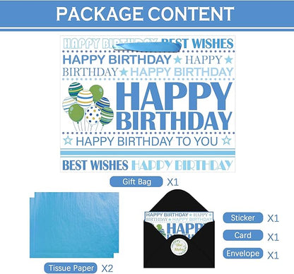 Happy Birthday Gift Bag, White Blue Birthday Bag with Tissue Paper and Greeting Card & Envelope & Sticker, Bithday Wrapping Paper for Men Women, 12.6" Medium Gift Bags Birthday Gifts for Boys Girls (StyleB)