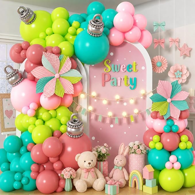 136PCS Christmas Balloon Garland Arch Kit, Pink Green Blue Balloons with Explosion Star Mylar Foil Balloons Set for Women Girl Xmas Birthday Wedding Baby Shower Candy Christmas Party Decorations