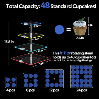 4-Tier Rotating Cupcake Stand with LED Lights - 360° Spinning Display Tower for Desserts, Cakes & Pastries - Rechargeable 7-Color Changing Serving Tray for Weddings, Parties & Festive Gatherings (Clear Acrylic)