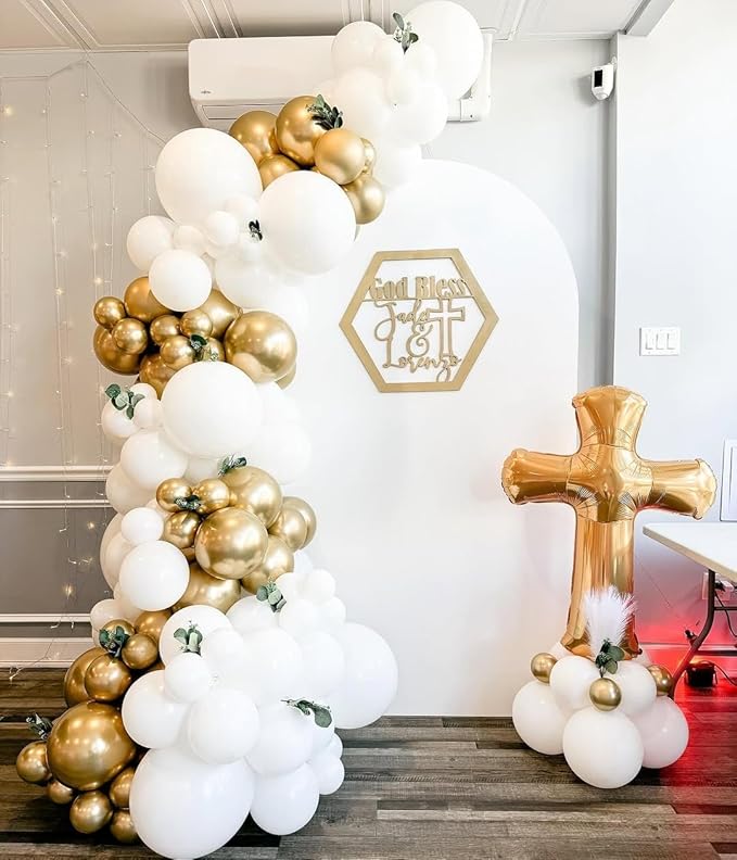 First Communion Balloon Garland Kit 160Pcs, Baptism Balloon, First Holy Communion Decorations, Different Size White and Gold Balloon Arch Kit for First Holy Communion Baptism Theme Party Decor