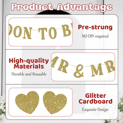 Soon To Be Mr & Mrs Sign Banner for Bridal Shower Decorations, Pre-Strung Gold Glitter Wedding Banner Decorations, Engagement Banners for Mantle Hanging Sign Couples Shower Decors