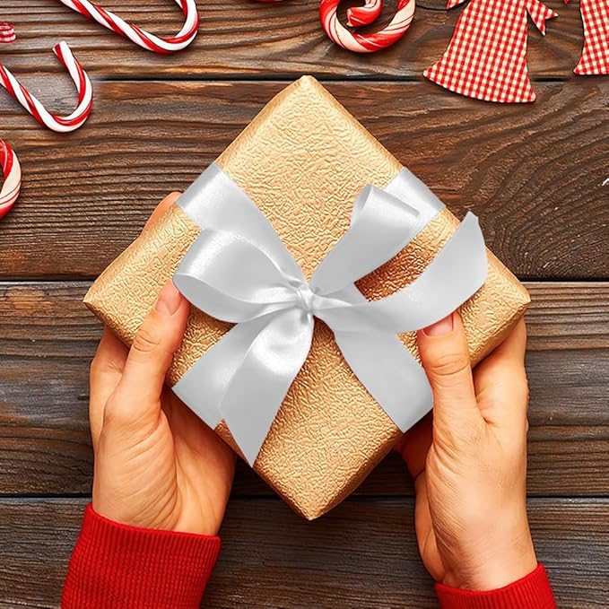White Ribbons for Christmas Tree, 1 Inch 25 Yards White Satin Ribbons for Gift Wrapping, Hair Ribbon Easter Ribbon Perfect for Wedding Decor Floral Bouquets Valentine Gifts