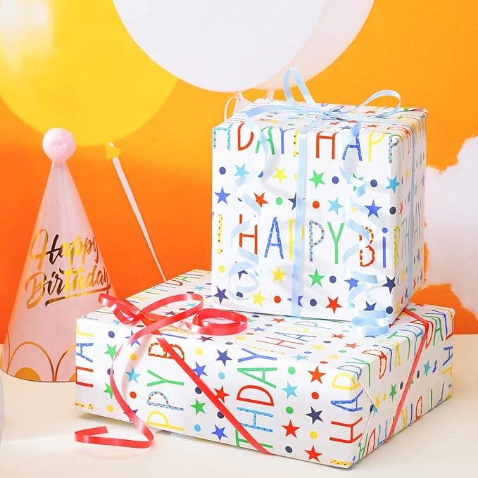 MAYPLUSS Blue Birthday Wrapping Paper Roll - 17 X 120 Inch - Colorful Happy Lettering, Cake, Gift Box Pattern for Kid Boys Party, Baby Shower, Holiday