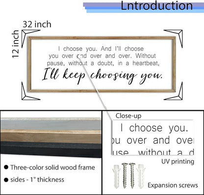 I Choosing You Sign Wall Art 32"×12" I Love You Theme Quote Plaque for Rustic Master Bedroom Over Bed Horizontal Modern Romantic Couples Room Marriage Home Above Bed Wall Decor (Wood)