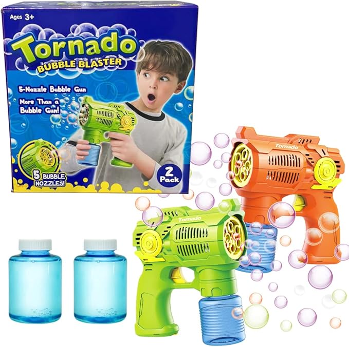 2-Pack Bubble Gun Set with Batteries – Automatic Bubble Blower Toys for Kids & Toddlers | 1 Green + 1 Orange Bubble Shooter with Solution Included | Outdoor Fun & Ready to Play