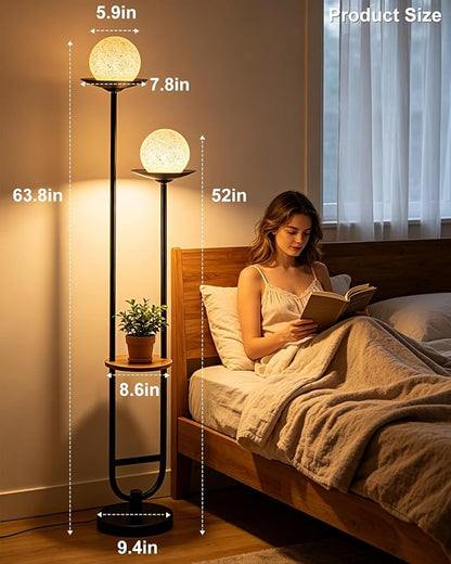Lightdot 63IN Black Floor Lamp with U Pole, 2 Globe Mid Century Standing Lamps Dimmable with 3000K Warm White LED Bulbs& Grey Shade, Unique Vintage Tall Floor Lamp for Living Room/Wedding/Party