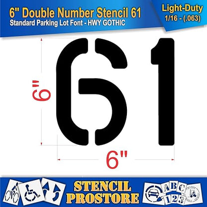 Pavement, Curb, and WheelStop Stencils - 6 inch Double Number Stencil - (61) - 6" x 6" x 1/16" (63 mil) - Light-Duty
