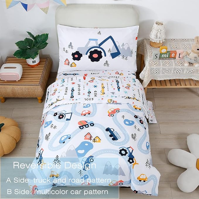 PERFEMET 5-Piece Kids Comforter Full Size Set Reversible Trucks Cars Bedding Comforter Set for Boys Girls Ultra Soft Lightweight Blue White Boy Bed in a Bag for All Season(Cars, Full)