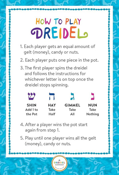 The Dreidel Company 10 Bulk Pack Multi-Color Plastic Hanukkah Dreidels with English Transliteration - Includes Game Instruction Cards (10-Pack)
