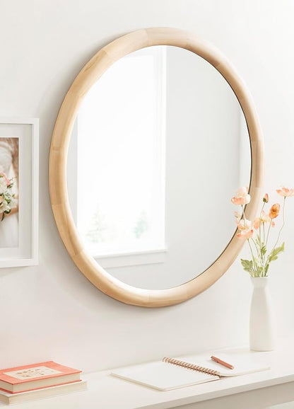 Kate and Laurel Dessa Modern Round Wooden Wall Mirror; 32 Inch Diameter; Natural; Transitional Circle Bathroom Vanity Mirror with Chunky Rounded Profile and Solid Poplar Wood Frame