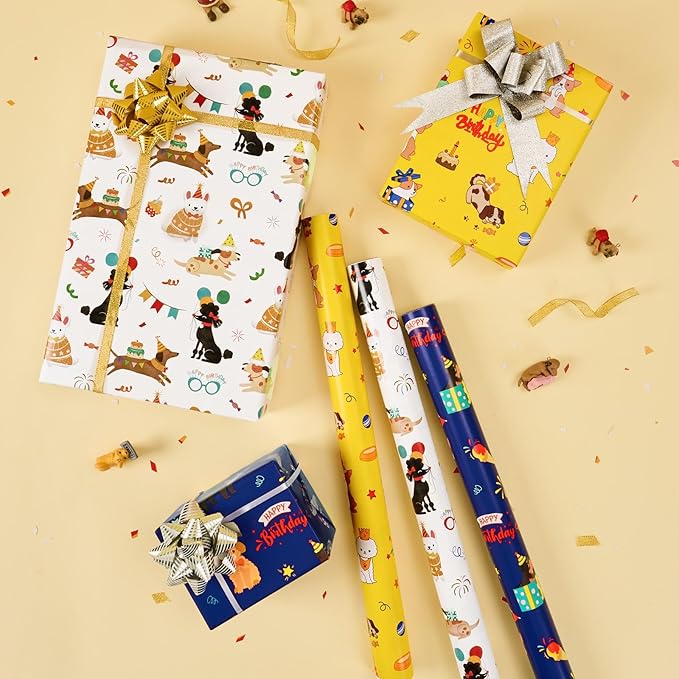 WERNNSAI Dog Wrapping Paper Rolls - 3 Rolls 17" x 120" Doggy Boys Wrapping Paper Rolls Puppy Gift Wrap Paper Kids Birthday Gift Packign Holiday Supply Short Roll Mini Roll with Cutting Line