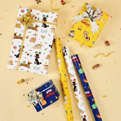 WERNNSAI Dog Wrapping Paper Rolls - 3 Rolls 17" x 120" Doggy Boys Wrapping Paper Rolls Puppy Gift Wrap Paper Kids Birthday Gift Packign Holiday Supply Short Roll Mini Roll with Cutting Line