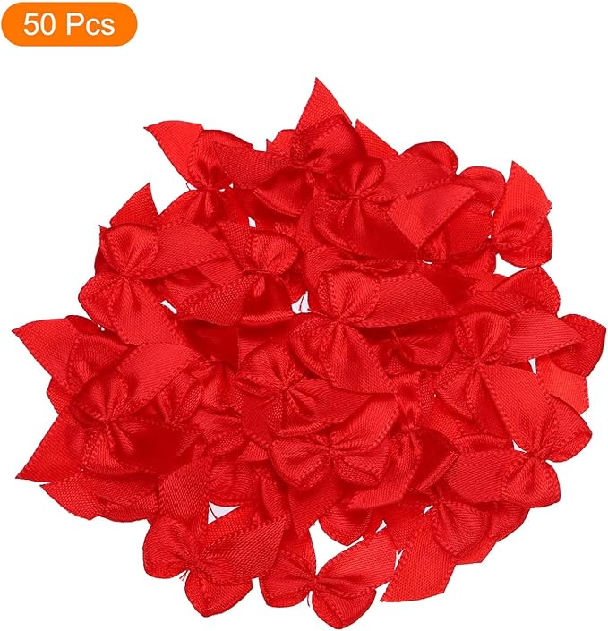 MECCANIXITY 50Pcs Mini Ribbon Bow 1" Mini Fabric Satin Ribbon Flower Bows for Craft DIY Sewing Wedding Birthday Party Red