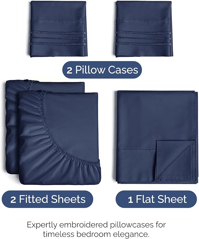 Split King Size 5 Piece Sheet Set - Comfy Breathable & Cooling Bed Sheets Set - Hotel Luxury Bedding for Women, Men, Kids, Teens, Boys & Girls - Deep Pockets, Soft, Wrinkle Free - Oeko-Tex - Navy Blue