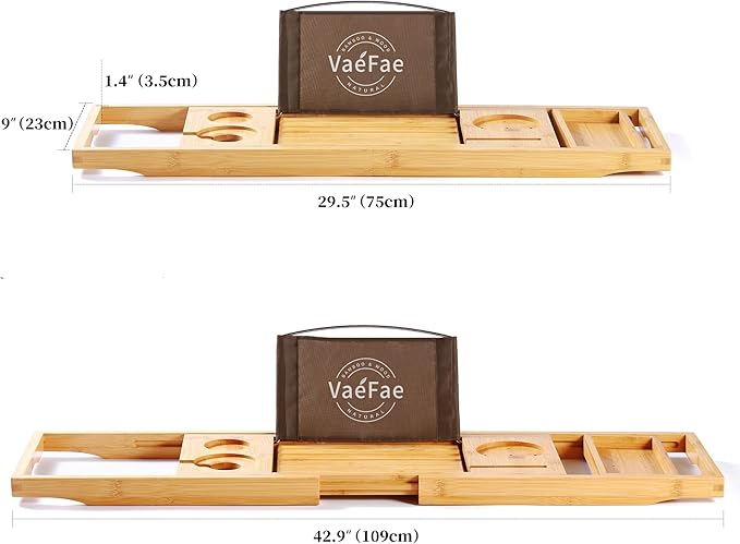 VaeFae Bamboo Bathtub Caddy Tray, Expandable Bath Tray for Tub with Upgraded Wine Slots and Book Holder - Ideal for One or Two Person Use
