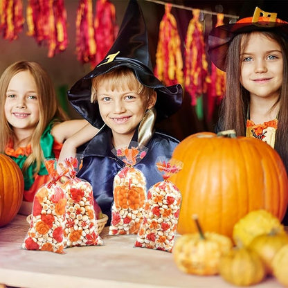 160 Pieces 4 Styles Fall Harvest Cellophane Treat Candy Bags with Twist Ties - Pumpkin and Leaf Designs Clear Goodie Bags for Kids, Thanksgiving Day Party Favors, and Autumn Snack Decorations