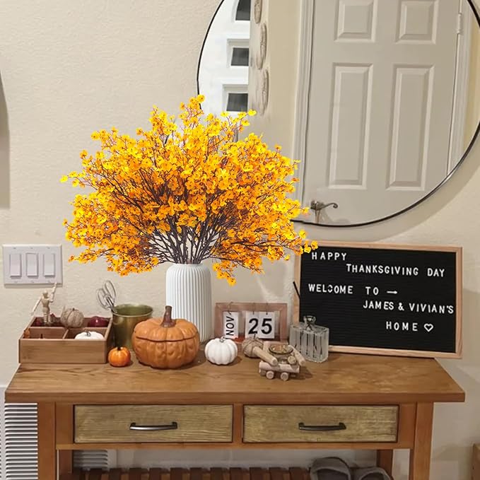 10Pcs Artificial Babys Breath Flowers, Orange Fall Flowers, Fake Silk Flowers for Home DIY Floral Arrangement Table Centerpiece Fall Thanksgiving Autumn Decoration