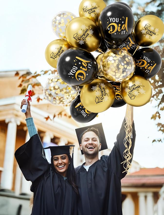 Graduation Balloons, Congrats Grad Balloons 12 Inch Black and Gold Balloon Class of 2026 Gold Confetti Latex Balloon for College High School Happy Graduation Party Decorations Supplies (18Pcs)