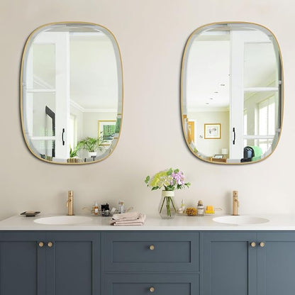 POZINO Bathroom Beveled Mirror, 32"x24" Brushed Gold Vanity Mirrors with Stainless Steel Frame, Rectangle Aesthetic Wall Mirror for Entryway Hallway Bedroom Living Room, Horizontal or Vertical Hanging