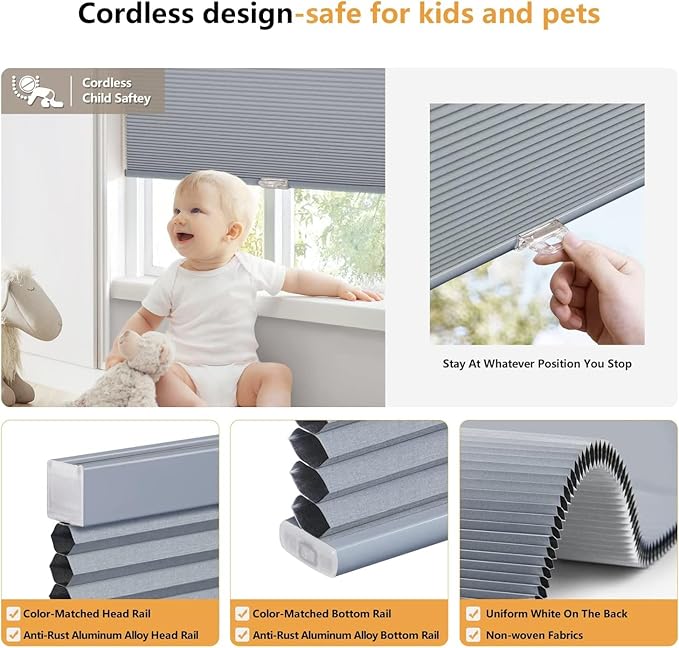 LazBlinds Cordless Cellular Shades, Blackout Privacy Honeycomb Shades for Home, Thermal Insulation Noise Reduction Blinds for Windows, 30'' W x 48'' H, Dark Grey