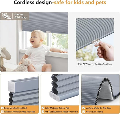 LazBlinds Cordless Cellular Shades, Blackout Privacy Honeycomb Shades for Home, Thermal Insulation Noise Reduction Blinds for Windows, 30'' W x 48'' H, Dark Grey