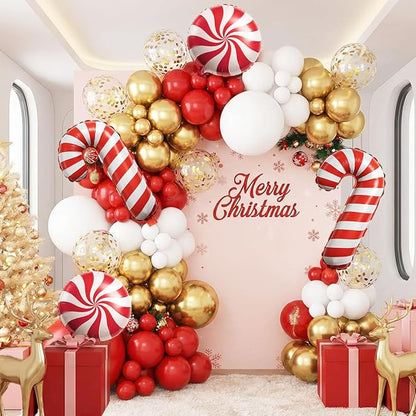 128PCS Christmas Balloon Arch Garland Kit - Red White Gold Balloons with Candy Cane Balloons for Merry Christmas Decorations, Winter Party Supplies, Xmas Balloon Arch